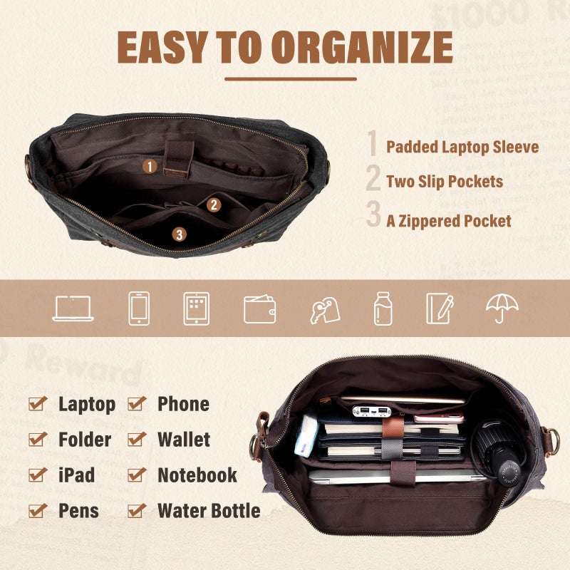 VASCHY Vintage Canvas Leather Messenger Bag School Shoulder Bag Business Briefcase Satchel Gray - Image 4